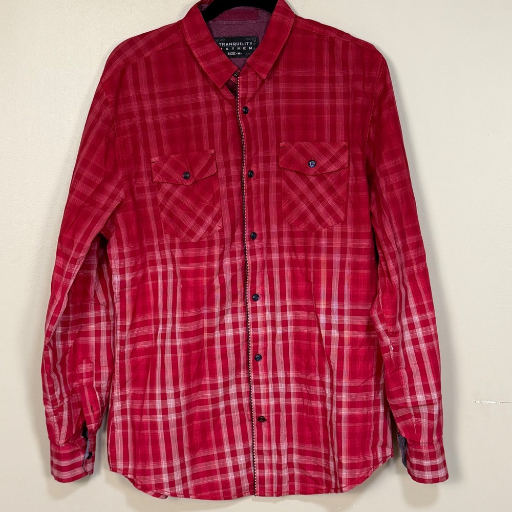 Tranquility Mayhem‎ Mens Red Plaid Ombre Button Down Shirt Size Medium